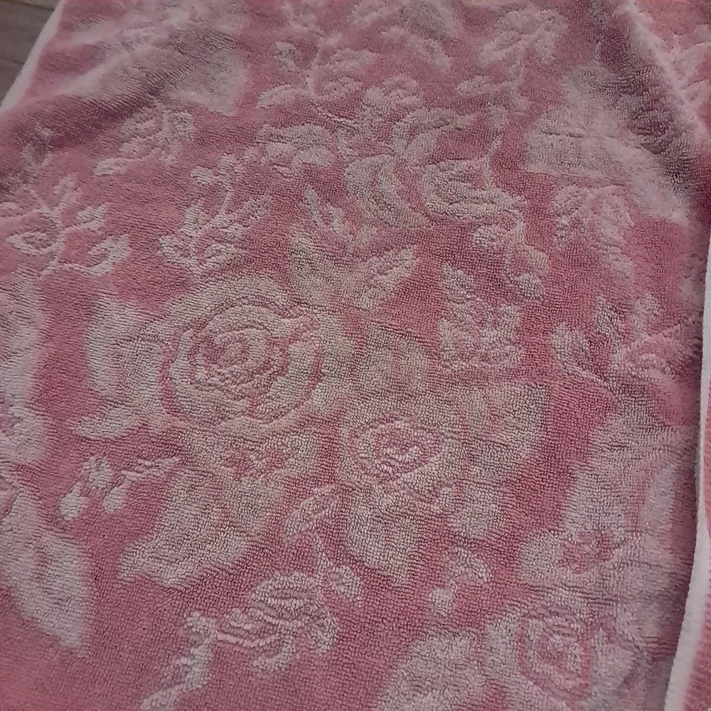 Vintage Callaway‎ Towels Pink Rose Floral hand bath fringe USA pastel reversible